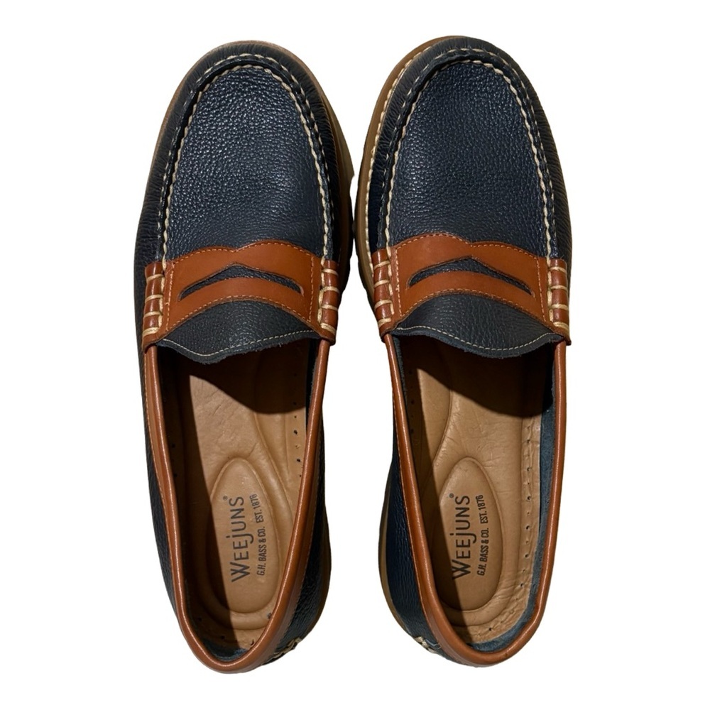 G.H. Bass & Co. Weejuns Lenox Navy Blue and Brown Leather Penny Loafers - Picture 7 of 9